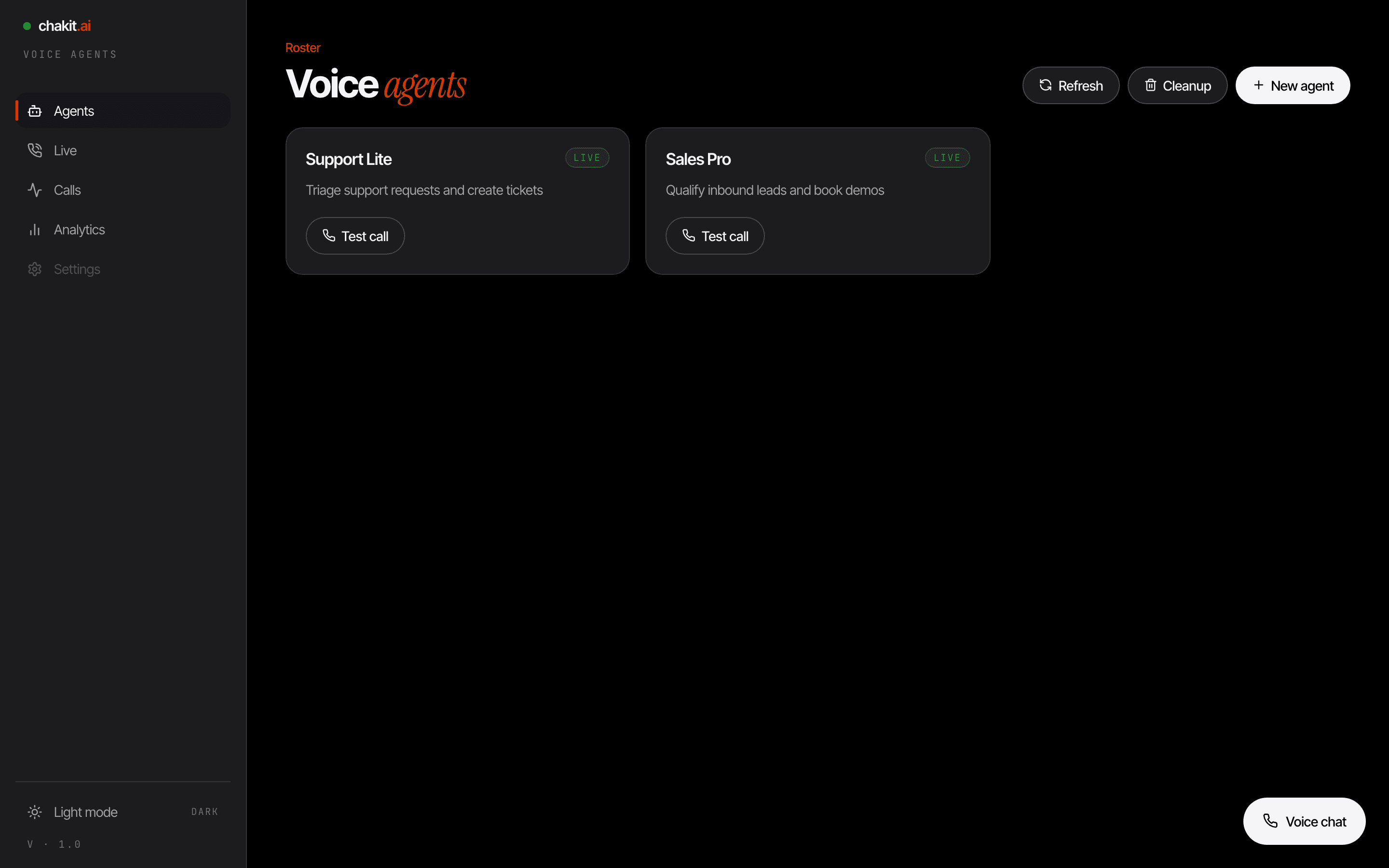 Custom Voice Agents screenshot — dark