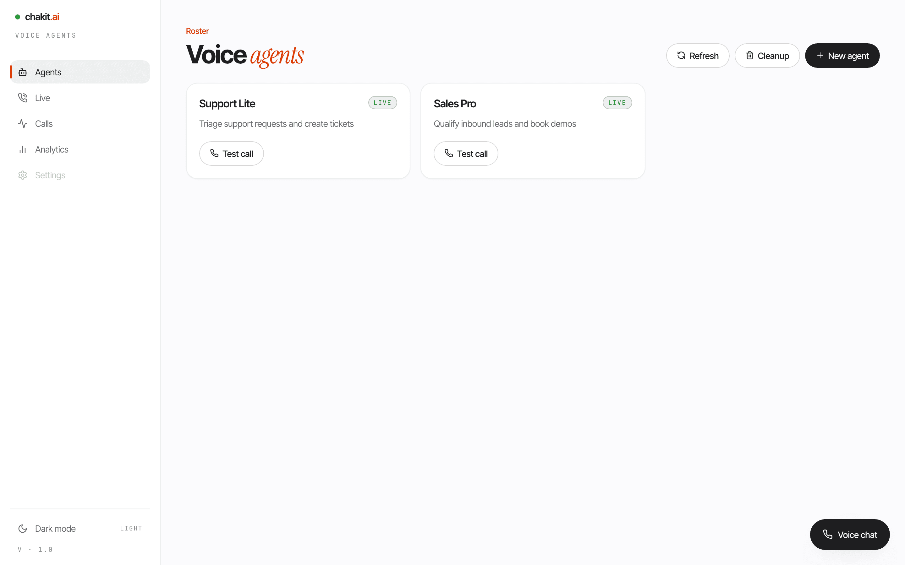 Custom Voice Agents screenshot — light